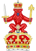 Crest of the royal arms of Scotland (1837), a lion sejant affrontée Gules, imperially crowned Or, holding in the dexter paw a sword and in the sinister paw a scepter both erect and Proper.