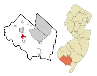 Map of Fairton highlighted within Cumberland County. Right: Location of Cumberland County in New Jersey.