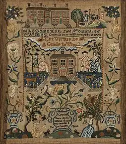 This 1786 sampler features University Hall (upper left) and the Old State House (center).