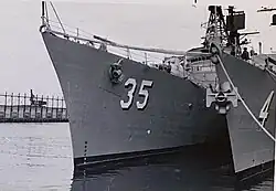 USS Mitscher (DDG-35) in port alongside USS Talbot (FFG-4), 1977