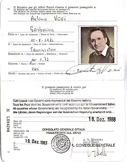 Various passports were always "Antonio Voci" with matching signature, . However he did slip a "D" into his written signature in the 1983 passport.