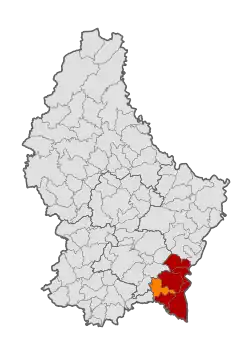 Map of Luxembourg with Dalheim highlighted in orange, and the canton in dark red