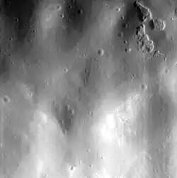 High-resolution image of one of the hollows (upper right) on the east side of the central peak. The image is about 2.8 km wide.