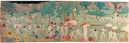 A painting showing a battle scene. A group of young girls, mainly nude, are fighting a pitched battle in a colorful forest scene, with a lightning storm behind them. Some of the girls lie dying on the ground.