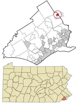 Location in Delaware County and the state of Pennsylvania