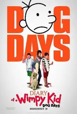 The title "Dog Days" in large red letters, the letter O replaced by the head of Greg Heffley's cartoon depiction from the source material. Under the logo are Greg himself, his brother Rodrick, his best friend Rowley Jefferson and the Heffleys' new family dog, Sweetie.