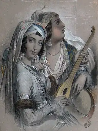 Musical Romani Girls, oriental drawing by Edouard Debruxelles, (1835-1871)