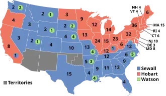 Electoral ballots for the Vice Presidency by state, red for Hobart, blue for Sewall, and green for Watson