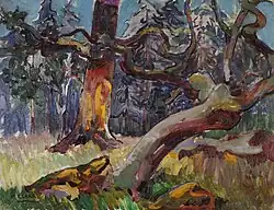Painting of two trees with sparse green leaves in a forest with warm yellow tones on the tree trunks and pale green grass.