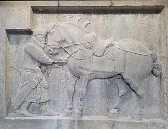 One of the reliefs, very likely after a drawing by Yan Liben, at the Penn Museum. Here a general removes an arrow from the horse Saluzi[2]