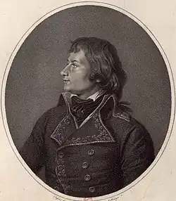 Black and white engraving shows a clean-shaven man with long hair in profile. He wears a dark military uniform with an embroidered collar.