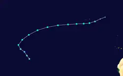 The track of a tropical storm over the eastern Atlantic Ocean. It is in the approximate shape of an uppercase "L" rotated 45 degrees to the right, with the longer side also curving slightly to the right