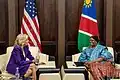 Nandi-Ndaitwah meets with First Lady Jill Biden in 2023, at the State House in Windhoek, Namibia.