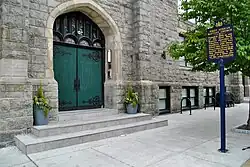 First African Baptist Church, 16th & Christian, with historical marker in the foreground. Built in 1906. Designated on the National Historical Register