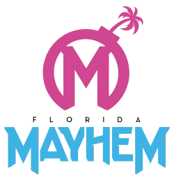 The logo for the Florida Mayhem features a stylized bomb circumscribed around the letter 'M' with a palm tree-shaped fuse.