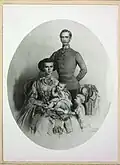 Sisi and Franz Joseph with their daughters in 1857, the year of Sophie's death. Lithograph by Kriehuber.