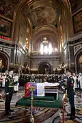 Coffin with the body of Boris Yeltsin in the Cathedral of Christ the Savior