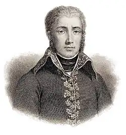 Black and white print shows a clean-shaven man with long sideburns. He wears a dark military uniform with embroidery on the collar and lapels.