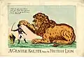 Caricature of a "Gentle Salute" from the British Lion, knocking Napoleon's hat off (circa 1803)