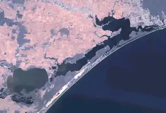 Landsat 7 imagery of the Gippsland Lakes. Lakes Entrance is visible in the top right of the image.