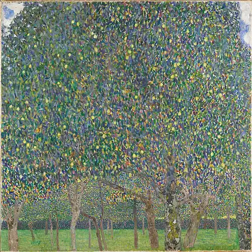 Tree orchard. The leaves of the front tree take up most of the canvas.