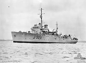 HMAS Benalla shortly after she was commissioned. A gun shield was later fitted to her 4-inch gun.