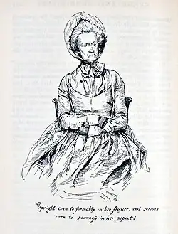 "Upright, even to formality, in her figure, and serious, even to sourness, in her aspect" - Description of Mrs. Ferrars. Austen, Jane. Sense and Sensibility. London; George Allen, 1899, page 238