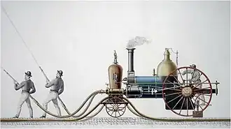 Sketch of the first steam fire engine in the United States built by Hodge
