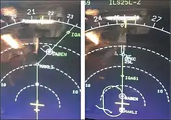 Two images of a yellow plane symbol on a black background. The first image shows a green line and a small arrow turning left coming from it. The second image shows a green line that loops around itself at the plane symbol.
