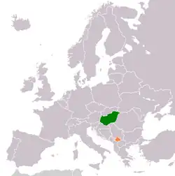 Map indicating locations of Hungary and Kosovo