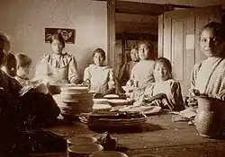 Hunkpapa Lakota girls drying dishes at St. Elizabeth's Mission School (c. 1900)