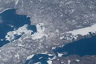 Ice blocks ships starting in the winter, so the months without ship traffic are an opportunity to do maintenance. This photo was taken on April 10, 2022 from the International Space Station.