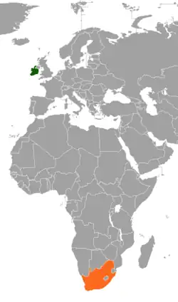 Map indicating locations of Ireland and South Africa
