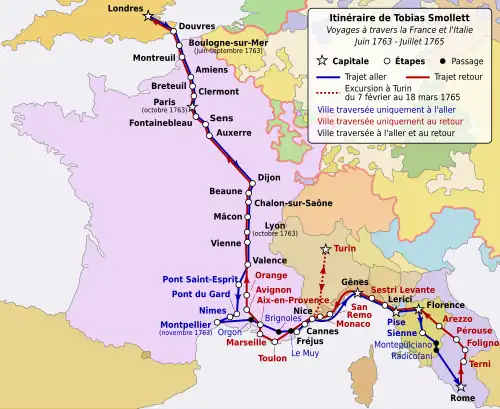 carte schématique indiquant les étapes du voyage, aller-retour, depuis Londres jusqu'à Rome