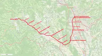 Route map showing the course of the railway line