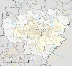 Map of Katowice urban area (in light yellow) and its metropolitan area (in light grey). Parts of Rybnik metropolitan area also visible in the bottom-left corner.