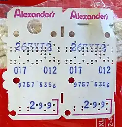 A Kimball tag pinned to a package of thermal underwear sold by Alexander's department store.