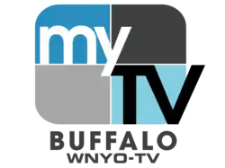 A rounded rectangle divided into blue and gray parts with the word "my" in white and a black "TV" in the lower right. Underneath on two lines are the words "Buffalo" and "W N Y O - T V".