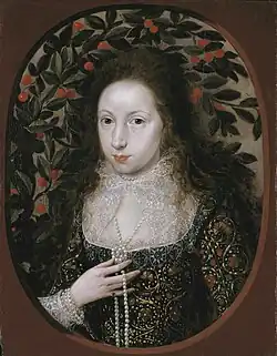 Lady Anne Pope, sister-in-law of Elizabeth Pope, 1615. Her dress is patterned with carnations, roses and strawberries; the cherries on the tree symbolise virtue.[73]