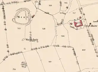 1857 large scale Ordnance Survey map of Laigh Mains, with he motte to the north of Mains Castle