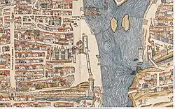 Tower and hôtel de Nesle with on the other side of the river the Palais du Louvre (Plan de Truschet & Hoyau, circa 1550)