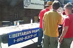 Libertarian Party campaign sign and party members.