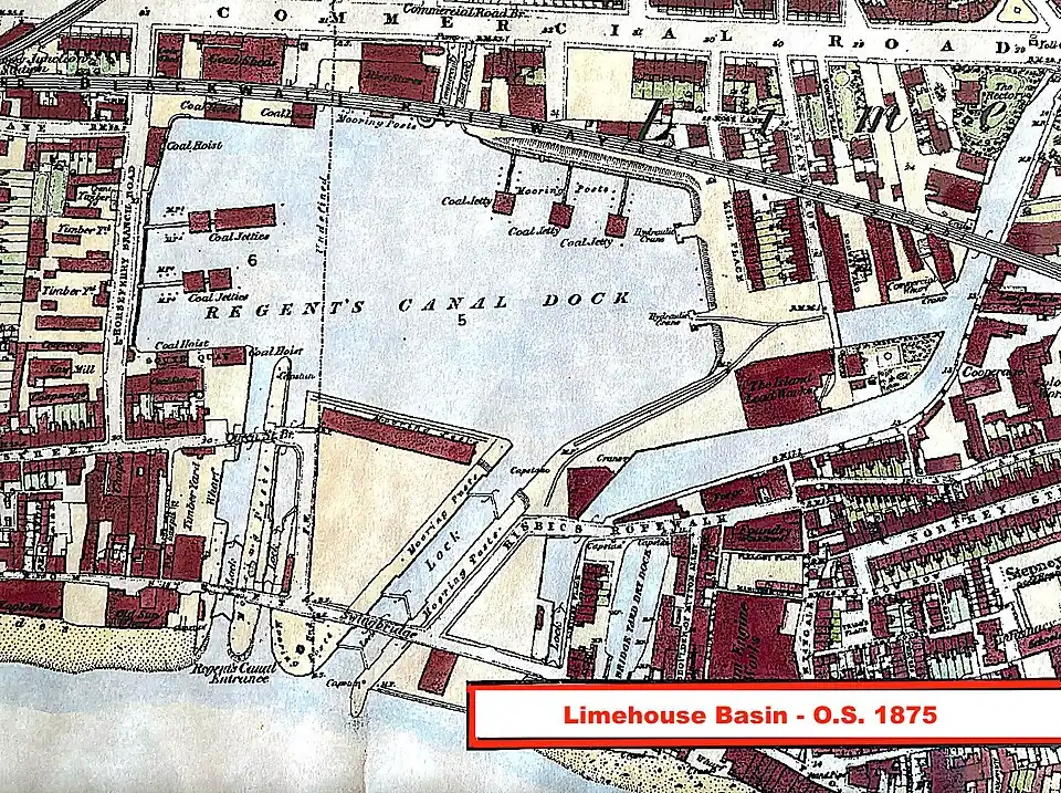 Limehouse Basin in its heyday. The new slantwise shiplock is in the centre; old ship and barge locks on left.