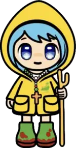 An anime-style illustration of a young girl with blue hair. She is wearing a yellow raincoat and green mud-stained rubber boots. She is carrying a staff and is wearing a rosary.