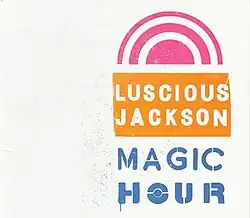 A white background with a stylized magenta sun over the band's name in orange and that is over the album's name in blue