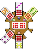 A 9-6 domino is placed leading northeast from the station hub, which has a double-9 domino as the engine. There is already a 9-7 domino leading south, a 9-4 domino leading southwest, a 9-8 domino leading northwest, and a 9-3 domino leading north from the station hub.