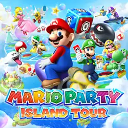 Packaging artwork, depicting all 10 of the game's playable characters (Mario, Luigi, Princess Peach, Princess Daisy, Wario, Waluigi, Yoshi, Boo, Toad, and Bowser Jr.) in the sky
