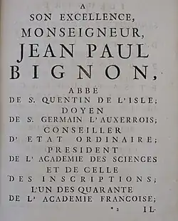 Dedication to Bignon in a 1717 copy of volume I of "Œuvres de M. Mariotte," by Edme Mariotte