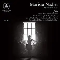 A black-and-white photograph of Marissa Nadler silhouetted against a window in a brick wall, with the album artist, title, and song names listed in silver on the right