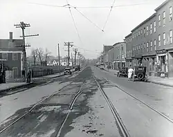 Streetcar tracks on an urban street